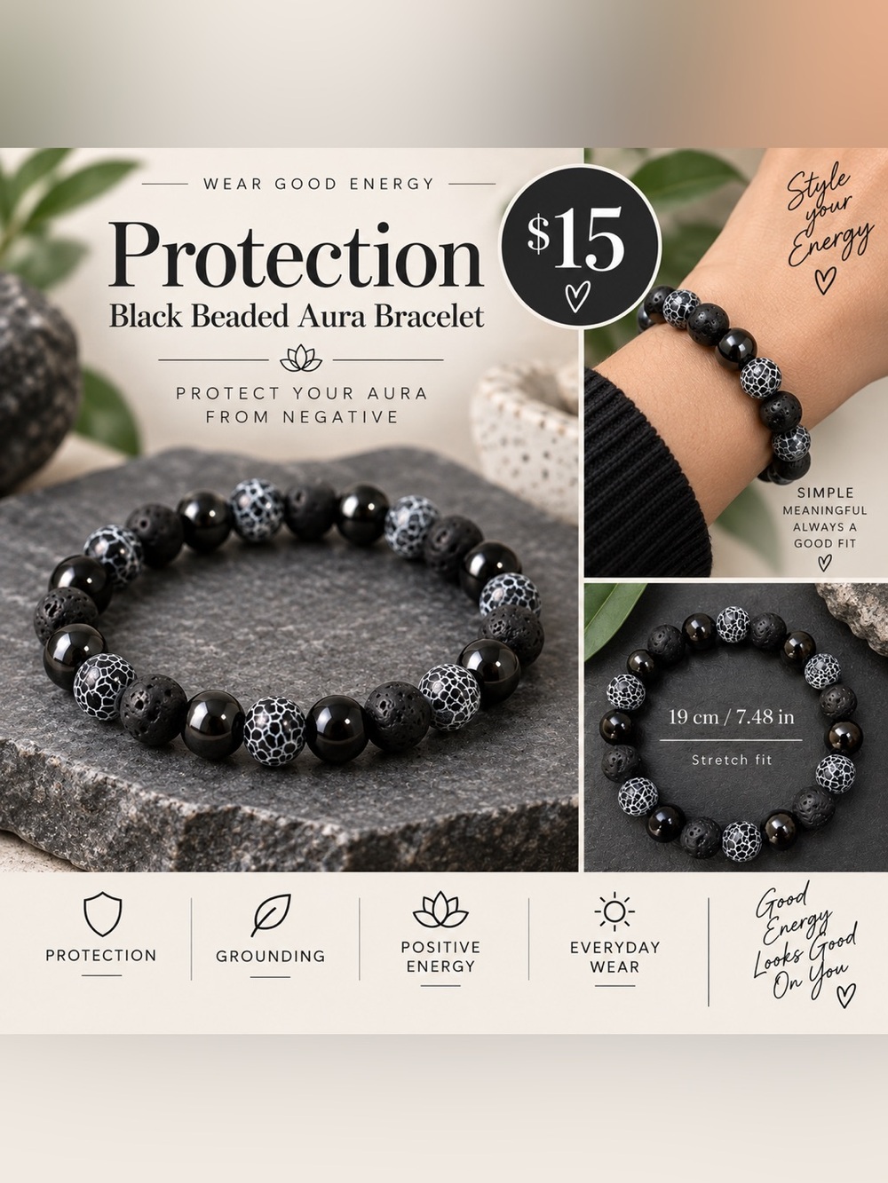 Protection Black Beaded Aura Bracelet